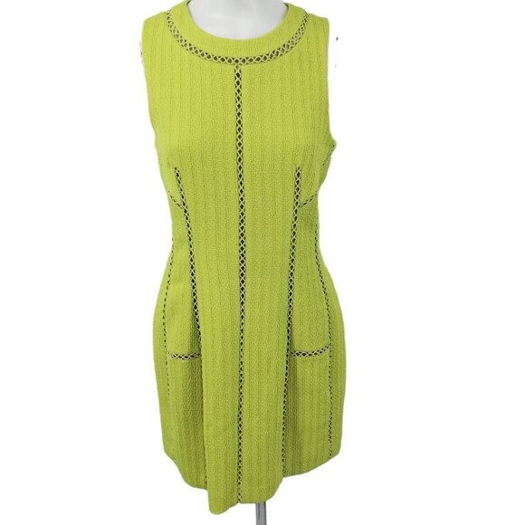 Rebecca Taylor Chartreuse Lattice Nude Illusion Dress Size 4 Green Sheath Lined - Picture 1 of 12
